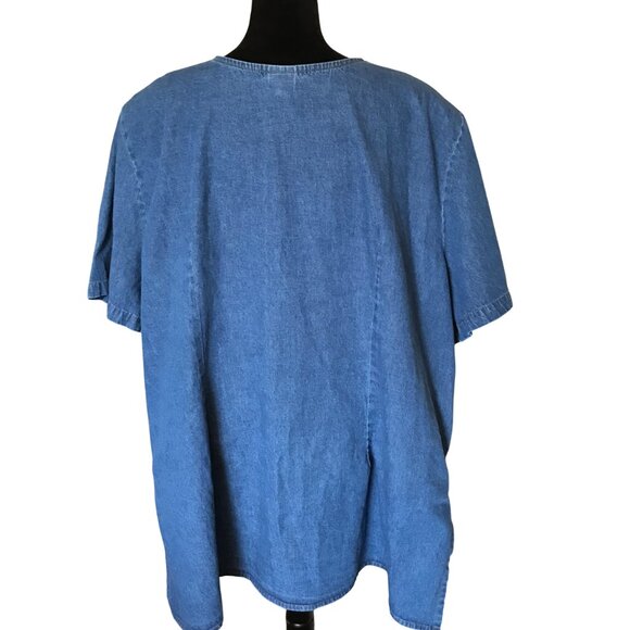 Elisabeth Denim Tunic: Vintage 80s Collarless Button-Down Shirt, Plus Size 30W - Picture 2 of 10